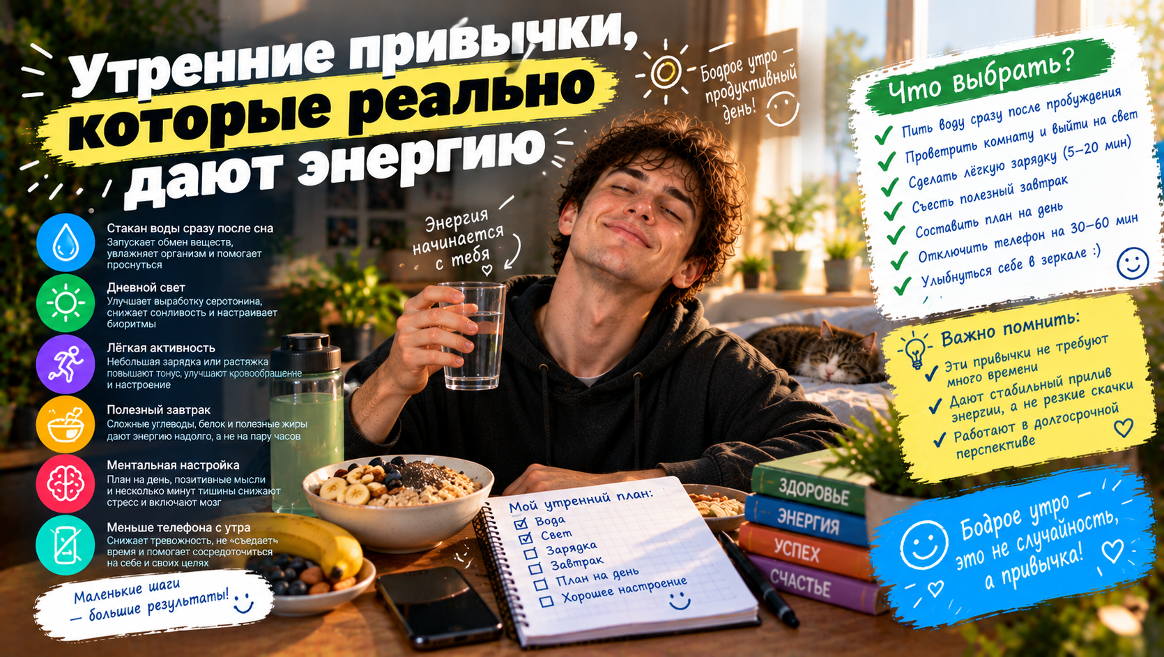 Утренние привычки для энергии и бодрости на весь день