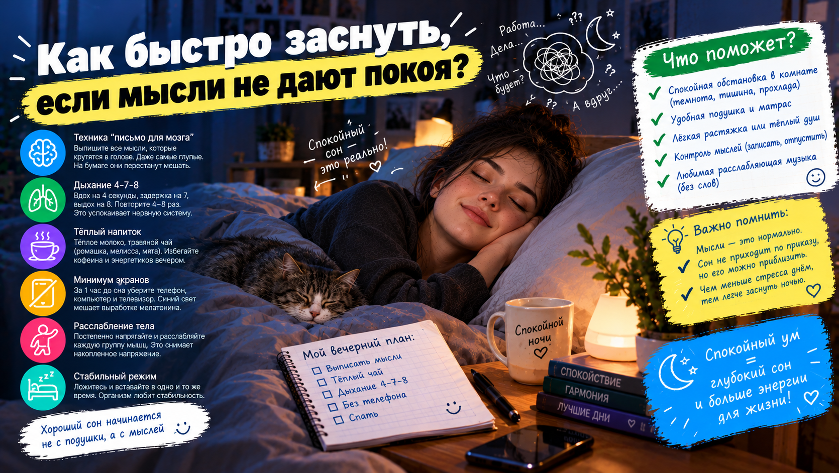 Человек пытается заснуть вечером, но не может перестать думать о проблемах
