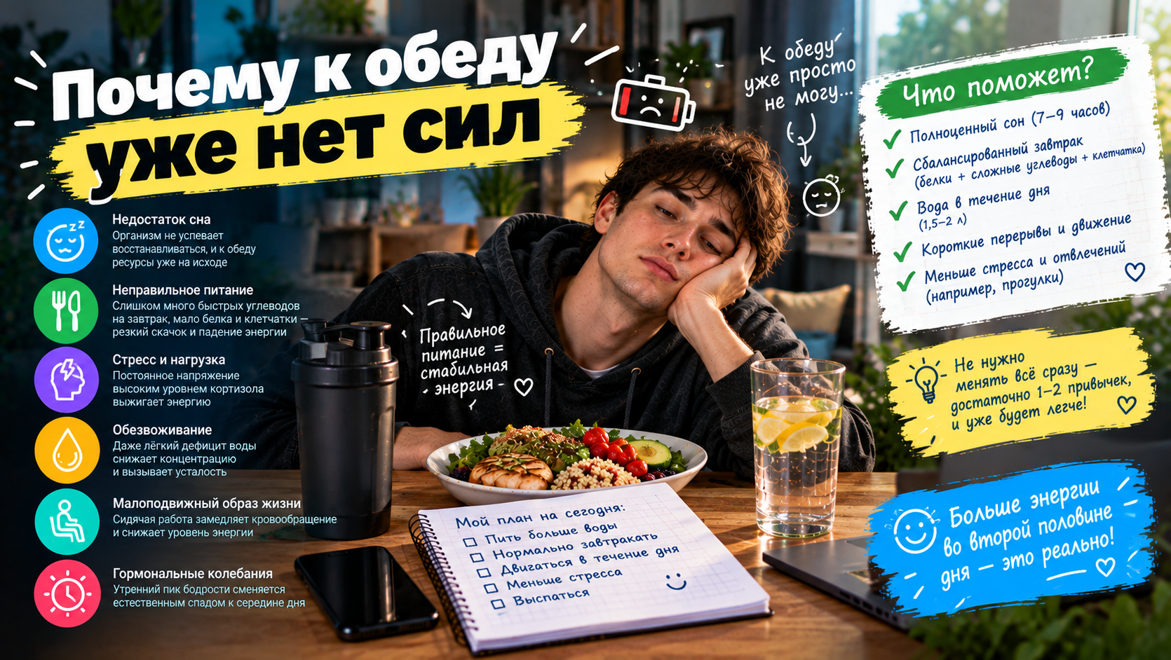 Почему к обеду нет сил — причины дневной усталости и способы вернуть энергию