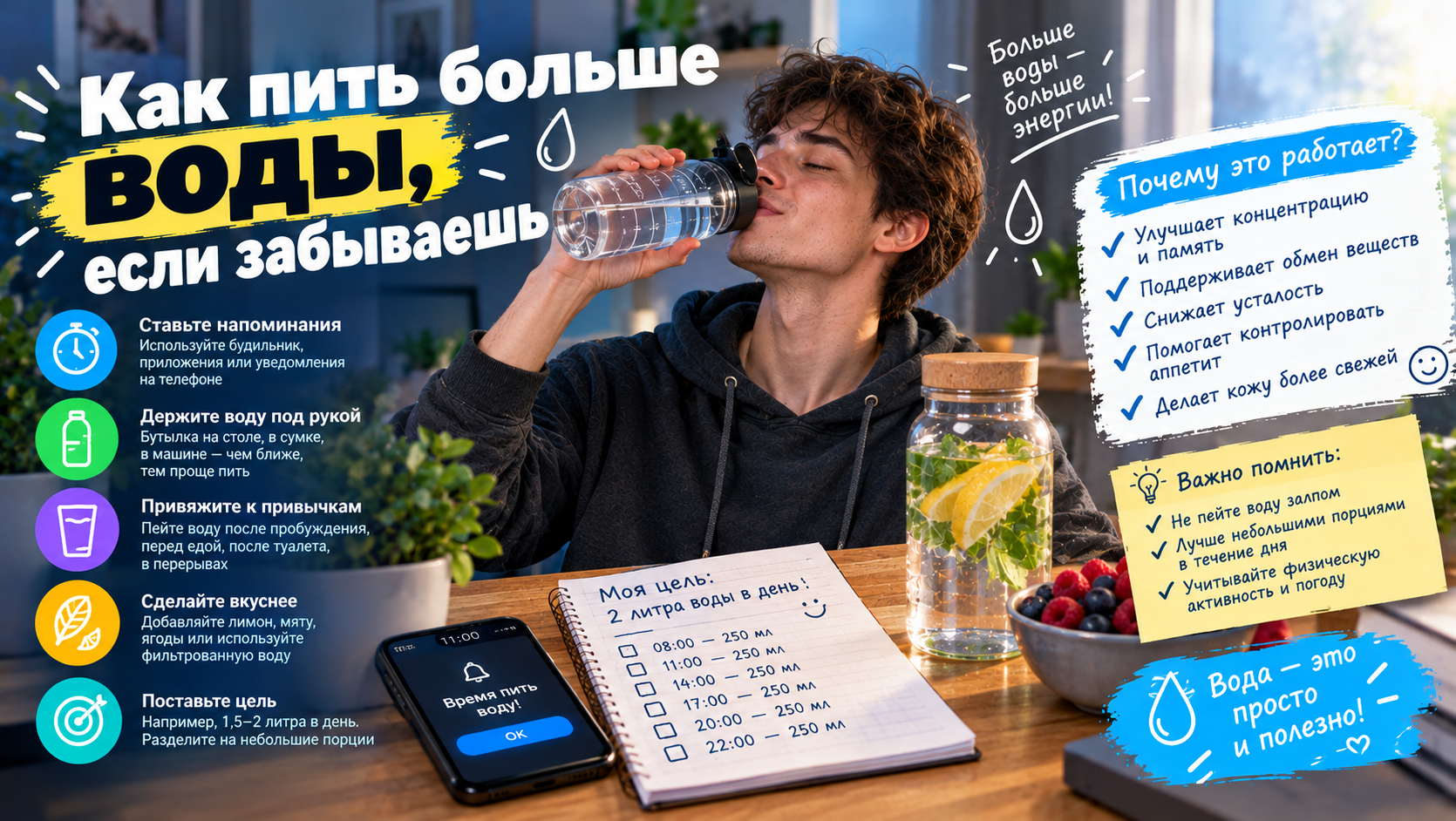 Как пить больше воды в течение дня, если забываешь пить